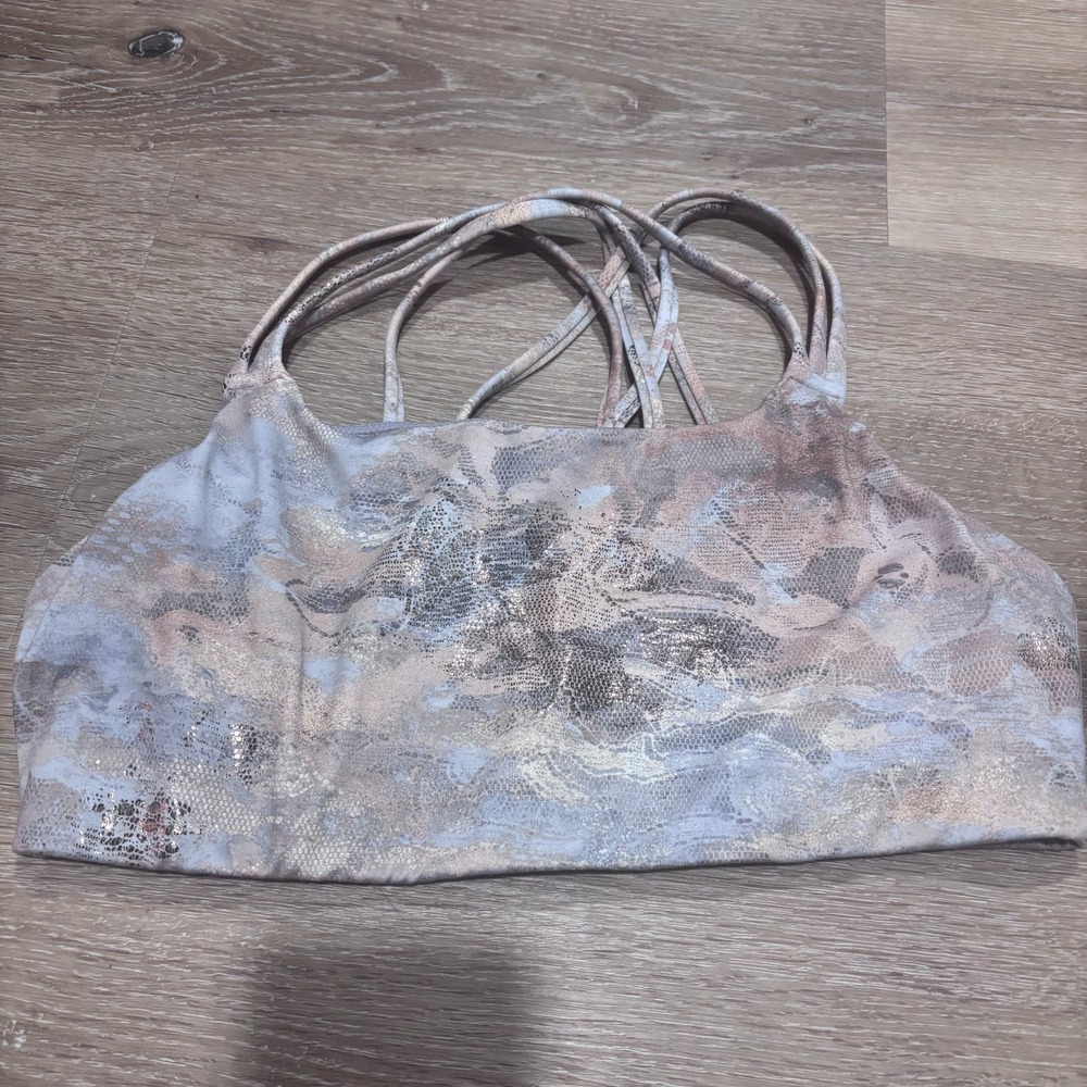 Athleta Metallic Foil Snakeskin Strappy Sports Bra Lavender Rose Gold Small